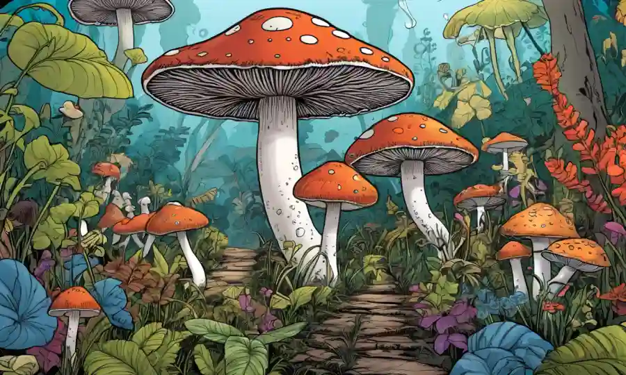 Setas creciendo en medio de la flora diversa, destacando la interconexión en un ecosistema.