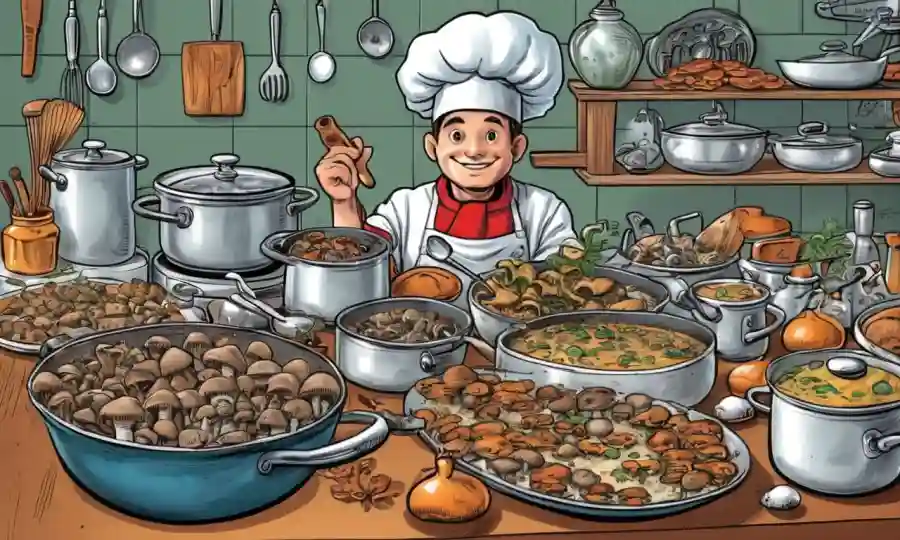 Guía de especies de hongos con ilustraciones rodeadas de utensilios de chef y utensilios de cocina.