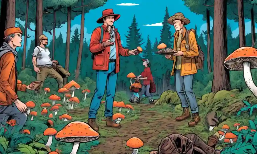 Gente que reúne hongos en el bosque, acompañada de artistas culinarios y tendencias modernas.
