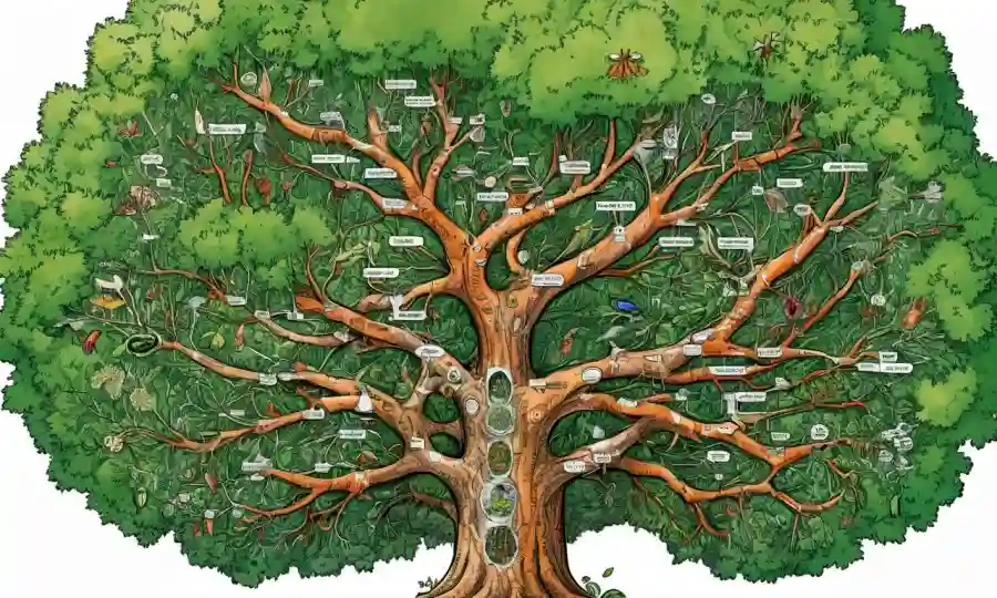 Árbol taxonómico ramificando desde un eje central