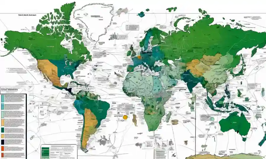 Varias representaciones gráficas de datos taxonómicos, tales como racimos, diagramas y diagramas, superpuestas en mapas o ilustraciones.