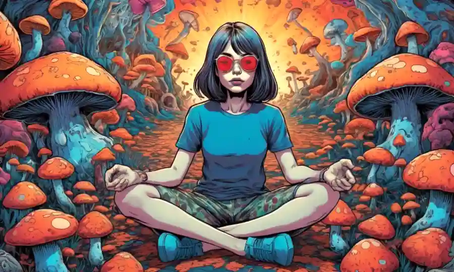 Persona sentada en un piso rodeada de setas psicodélicas y caras distorsionadas.