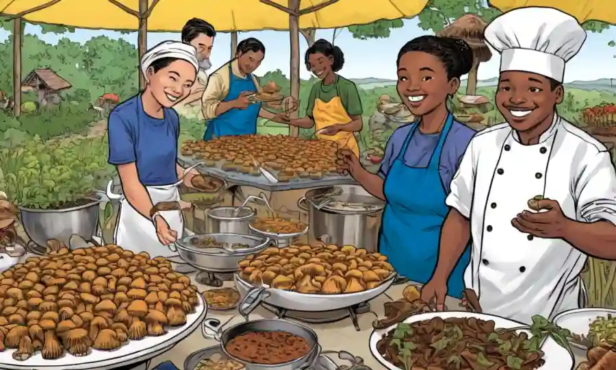 Personas de diversas culturas preparando y disfrutando de setas comestibles en un entorno culinario.