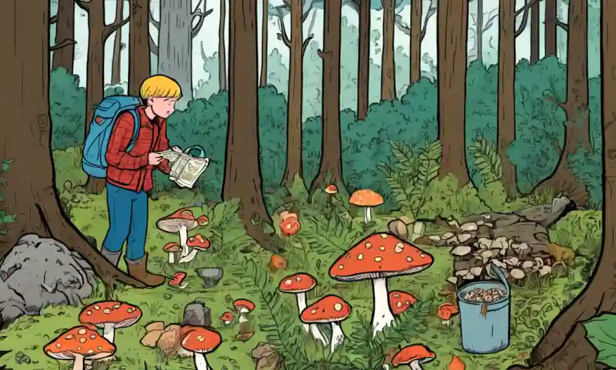 Una persona que colecciona hongos en el bosque entre los diagramas de remedio tradicionales.