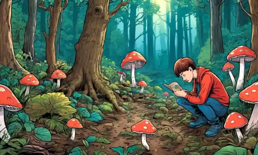 Una persona que estudia hongos en un bosque, rodeada de símbolos de salud.