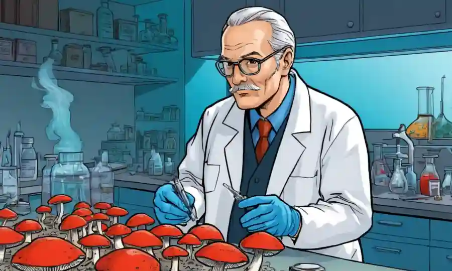 Científico estudiando muestras de hongos en un laboratorio.