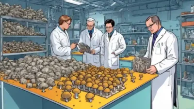 Científicos que examinan materiales de construcción basados en hongos en un laboratorio.