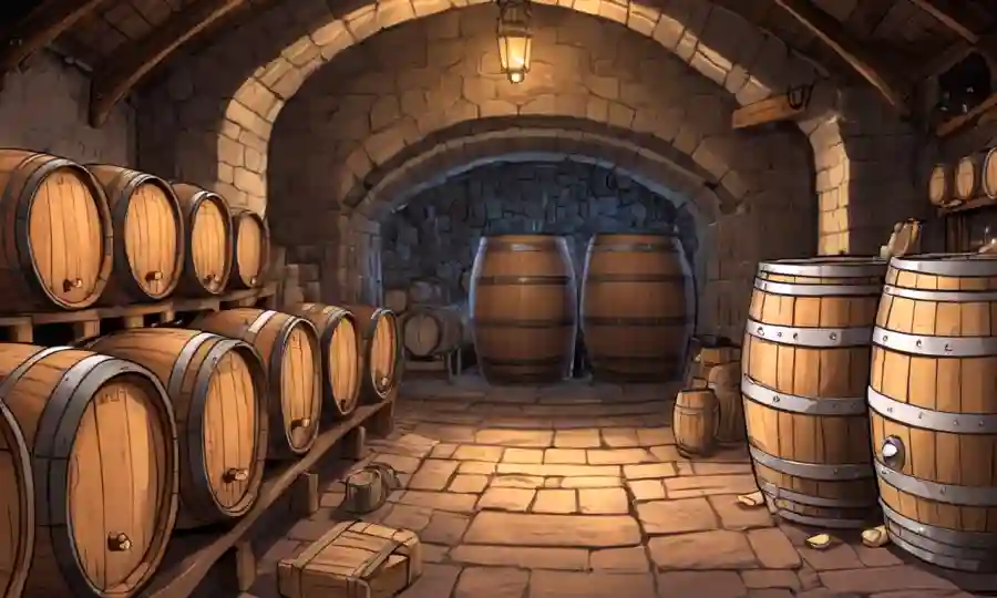 Barrels and wine-making equipment in a cellar
