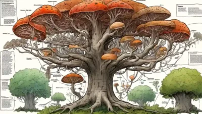 Especies fúngicas ramificando en un árbol