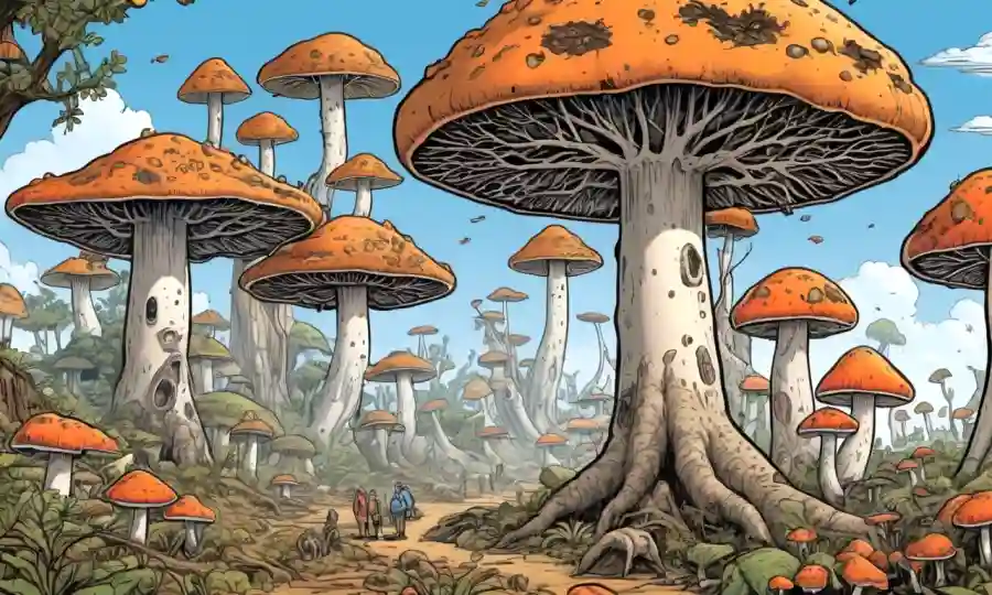 La comunidad de hongos prosperando entre las ruinas del cambio climático, con diagramas de árboles evolutivos en el fondo.