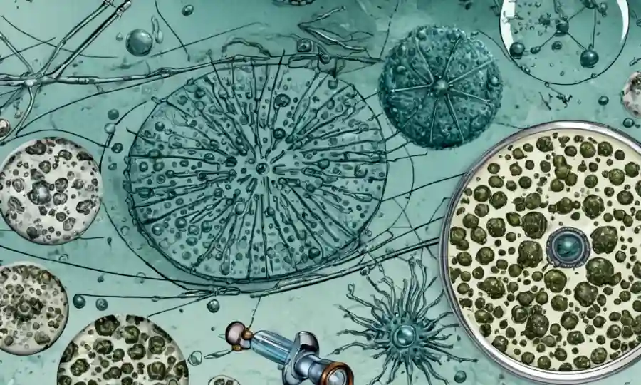Molde con esporas en la diapositiva del microscopio en medio de equipos científicos y diagramas.