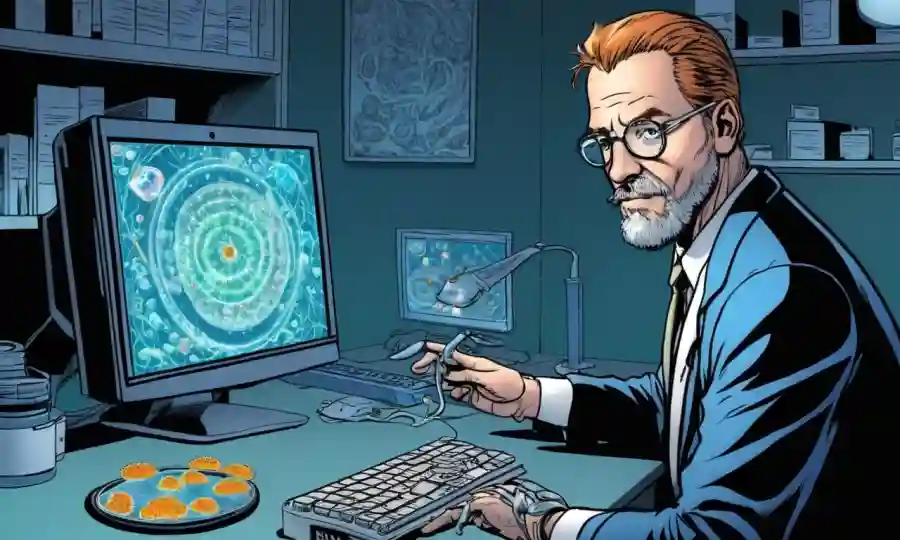 Scientist holding petri platillo con esporas y secuencias de genoma en el ordenador.