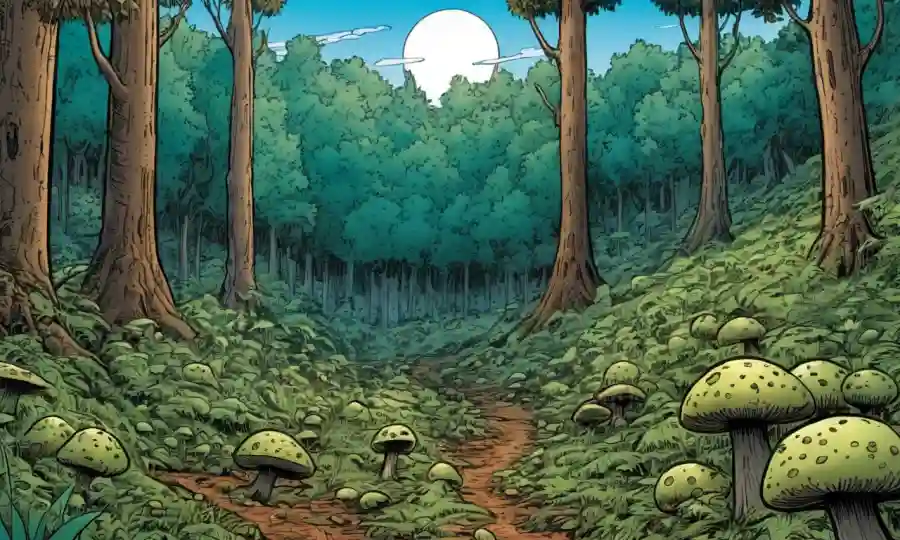 Un paisaje forestal con esporas creciendo en árboles, destacando los beneficios ecológicos.