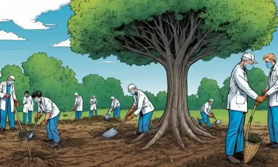 Proceso de plantación de árboles con científicos analizando esporas en el fondo.