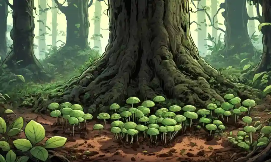 Un árbol cultivando plántulas de esporas en el suelo forestal, con exuberante vegetación circundante.