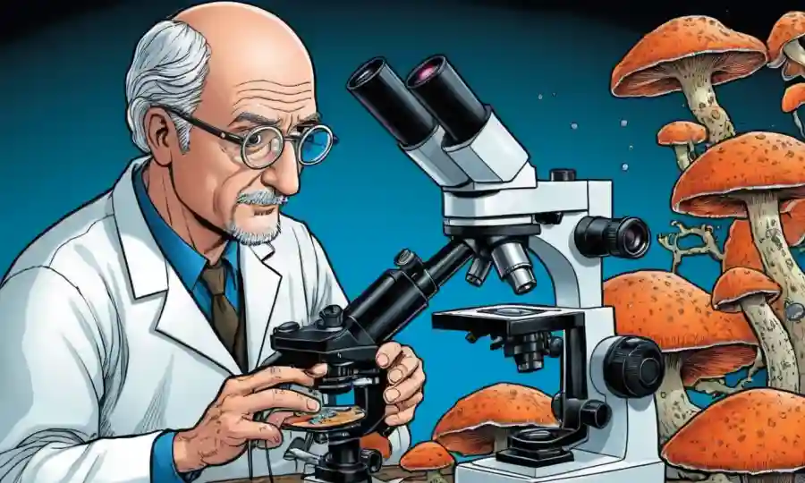 Científico examinando especímenes de hongos en un microscopio.