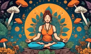 Setas y símbolos ayurvédicos organizados alrededor de una persona practicando yoga o meditación.