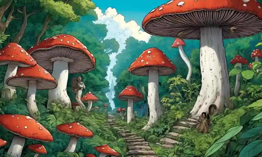 Cultivos antiguos representados usando hongos en prácticas tradicionales de medicina, rodeados de exuberante vegetación.