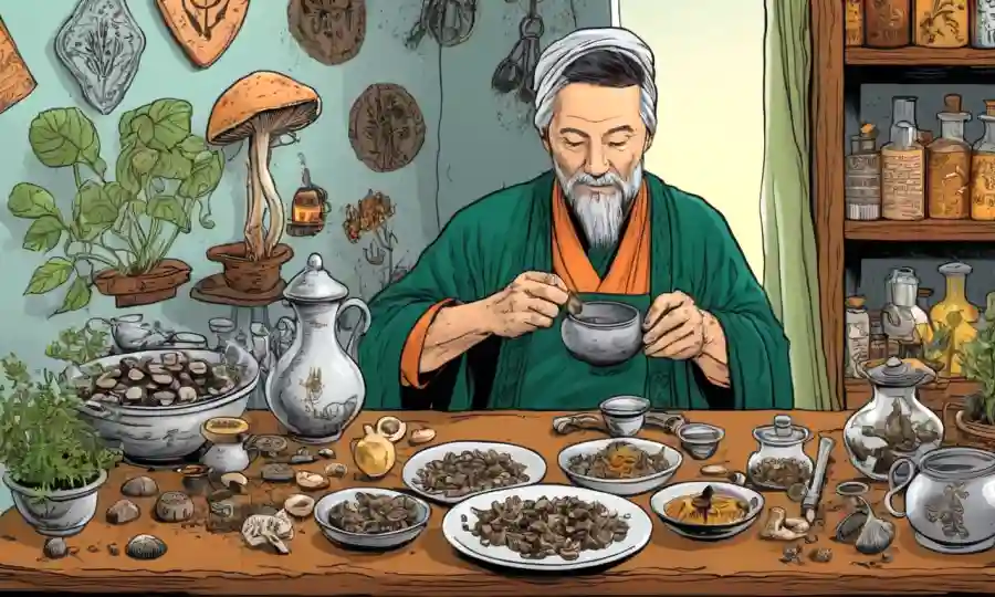 Un herbalista preparando un té medicinal usando hongos en medio de un fondo de los símbolos de medicina tradicional.
