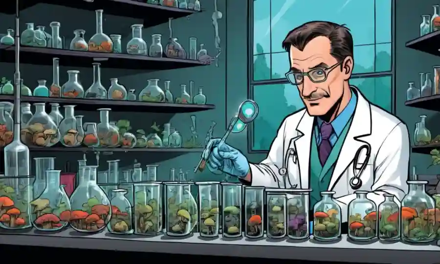 Un médico en un laboratorio mirando varias especies de hongos con tubos de prueba.