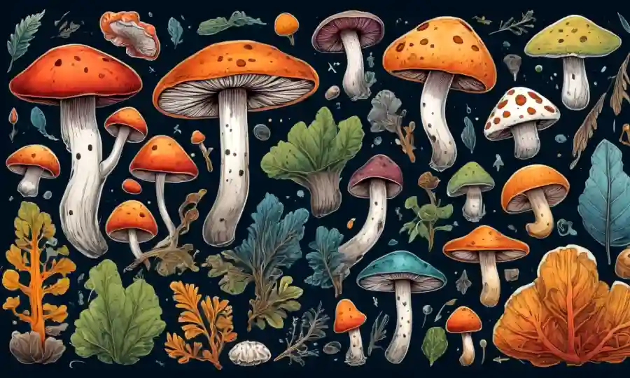 Fungi en varias formas y colores con flechas apuntando a compuestos activos y símbolos para beneficios médicos.