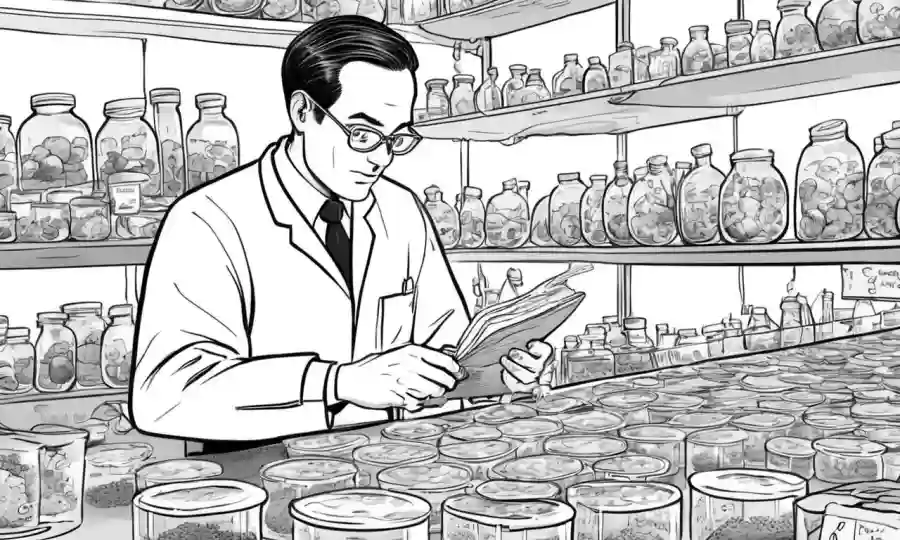 Un investigador que estudia varios hongos en platos petri con notas de etiquetas.