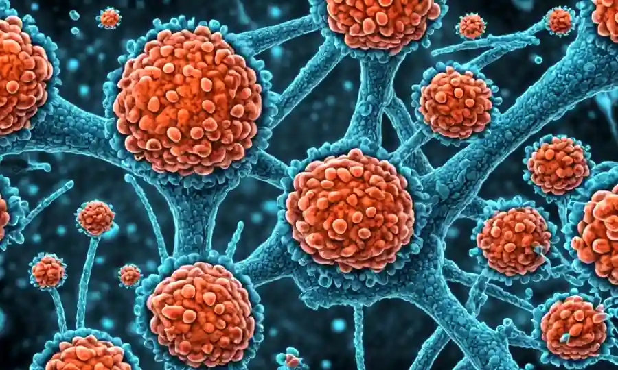 Imagen microscopio de células de hongos productores de enzimas con estructuras moleculares y equipo en segundo plano.