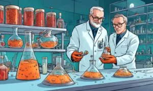 Científicos que realizan experimentos con culturas de hongos en un entorno de laboratorio.