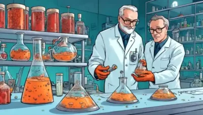 Científicos que realizan experimentos con culturas de hongos en un entorno de laboratorio.