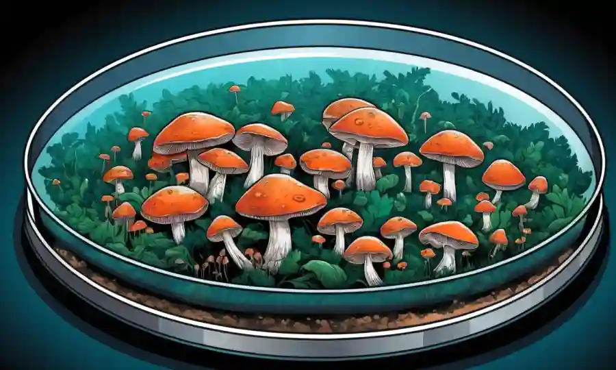 Setas creciendo en un plato de petri con enzimas y equipos científicos.