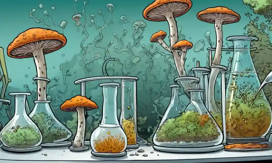 Esporas de hongos creciendo en vasos de laboratorio con enzimas.