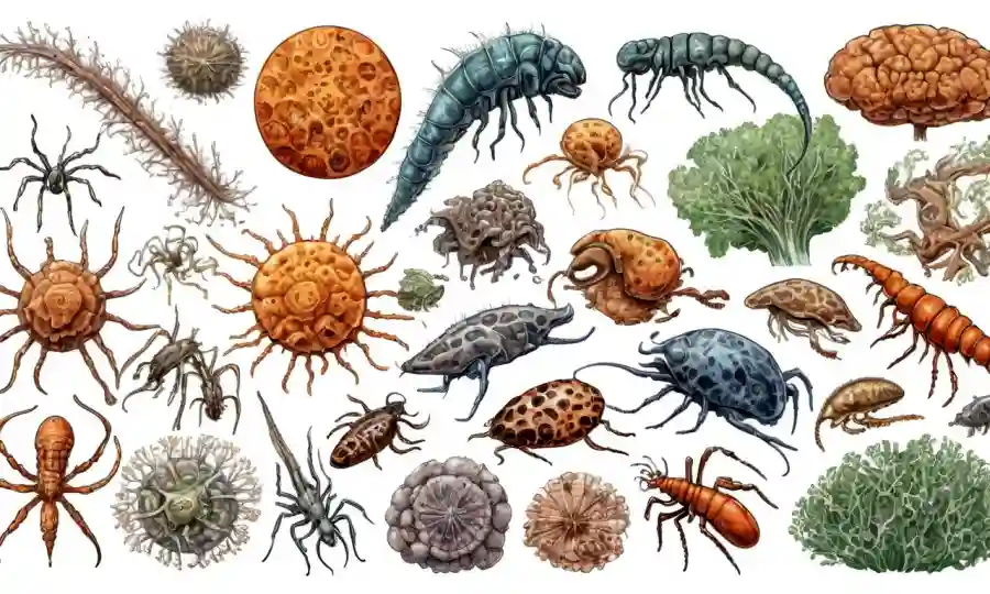 Imágenes de cerca de varias formaciones de esclerosis de diferentes especies animales en un fondo blanco.