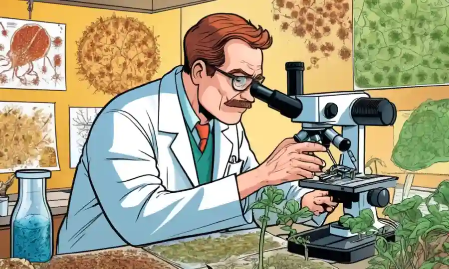 Científico de laboratorio que examina el crecimiento fúngico bajo microscopio rodeado de diagramas agrícolas.