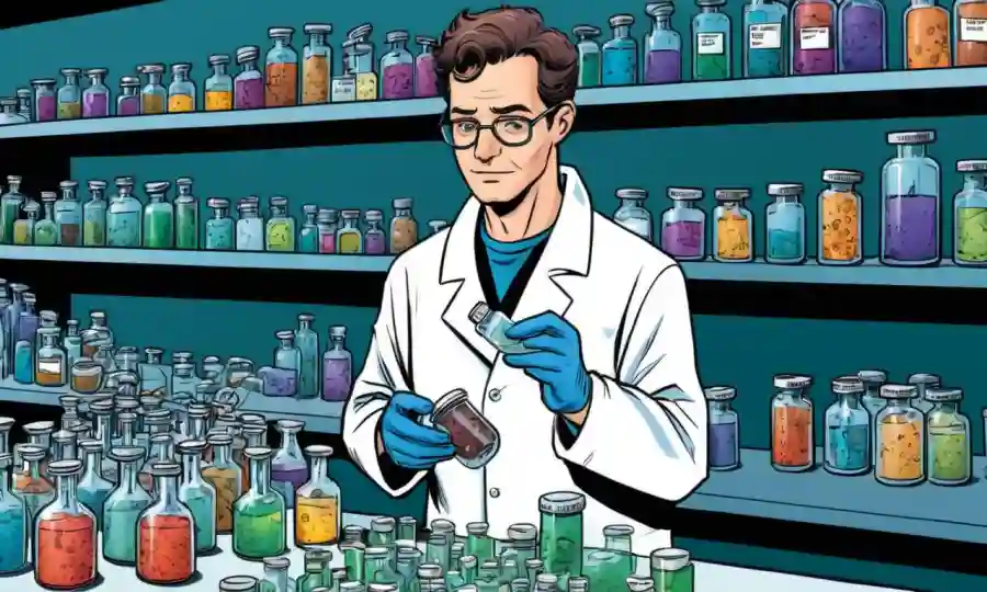 Científico que sostiene una muestra fúngica en un laboratorio con varios viales y embalaje de productos.