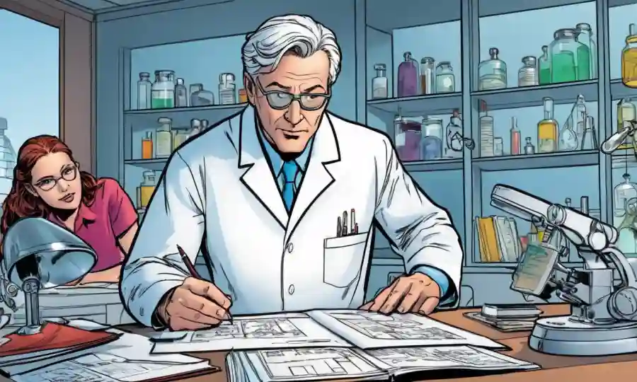 Científico en el laboratorio o en el campo, colaborando con colegas y revisando notas o gráficos de investigación.