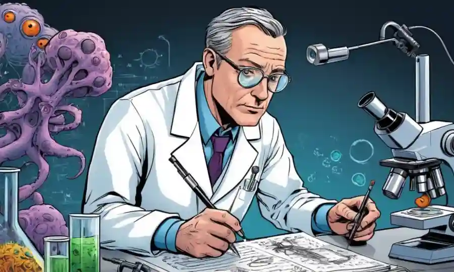 Científico en la capa de laboratorio estudiando relaciones simbióticas con microscopio y notas.