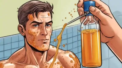 Persona que aplica tratamiento de vinagre de manzana en la piel para infección fúngica.