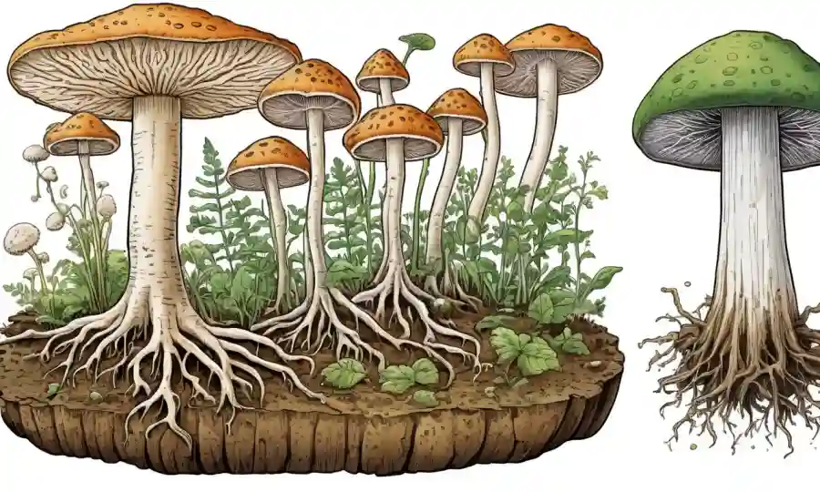 Fungi creciendo a partir de raíces de plantas, con comparaciones científicas y beneficios.