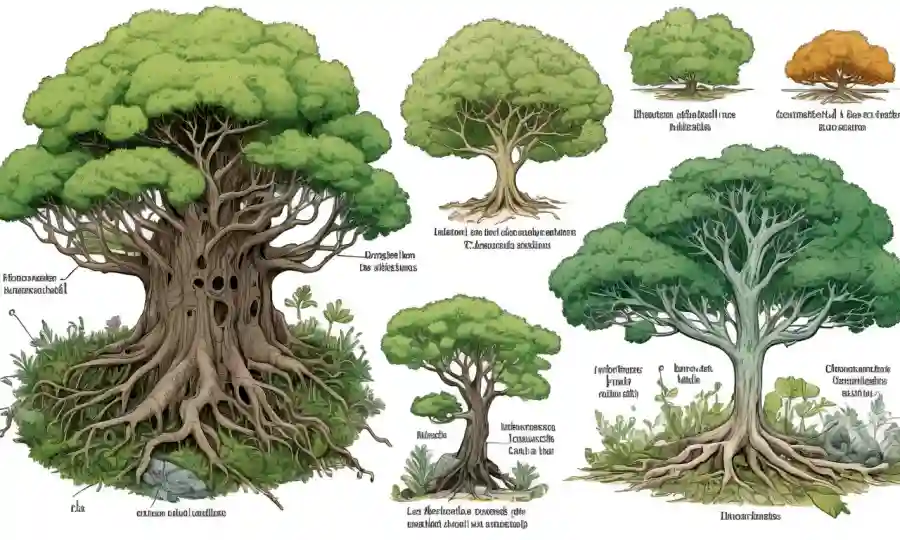 Diagramas biológicos que muestran relaciones tipo árbol y sistemas de clasificación.