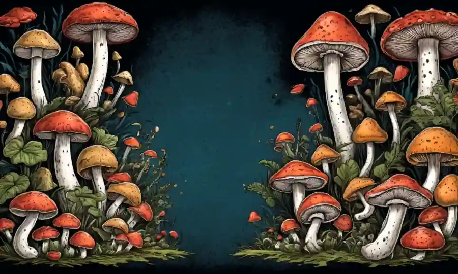 Una imagen dividida que compara las setas comestibles con las venenosas en un fondo oscuro.