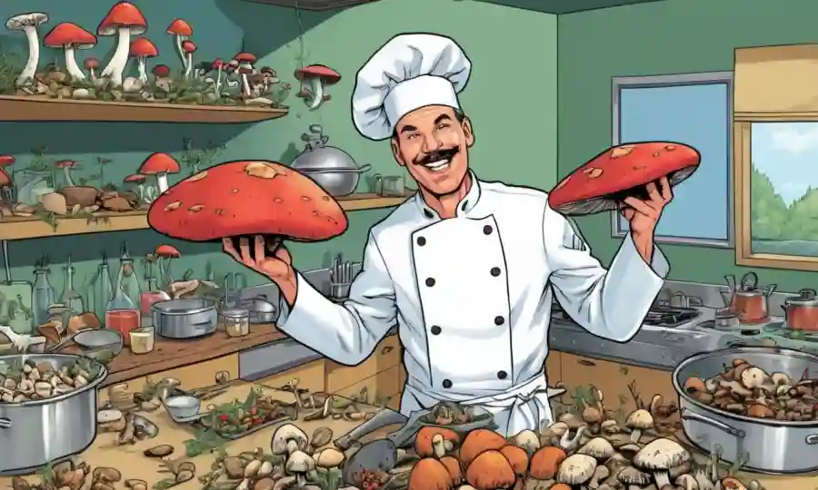 Un chef que sostiene diferentes tipos de hongos, algunos comestibles otros venenosos, en una cocina con equipo de cocina.