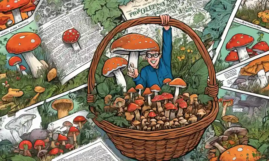 Una persona que sostiene una canasta de setas rodeada de texto educativo sobre la distinción comestible de especies venenosas.