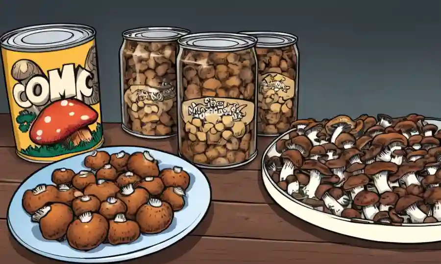 Setas frescas dispuestas en una mesa junto a setas enlatadas para la comparación.