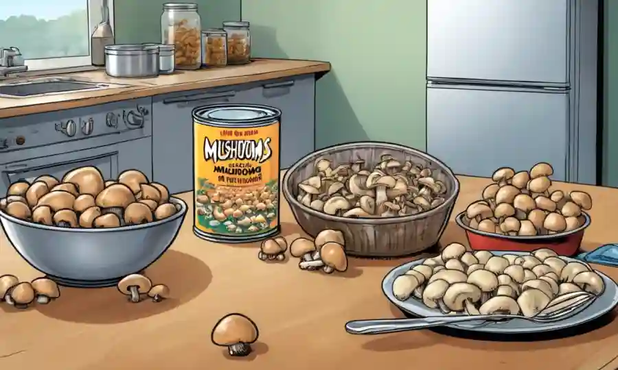Comparación de hongos frescos y enlatados en una mesa de cocina.