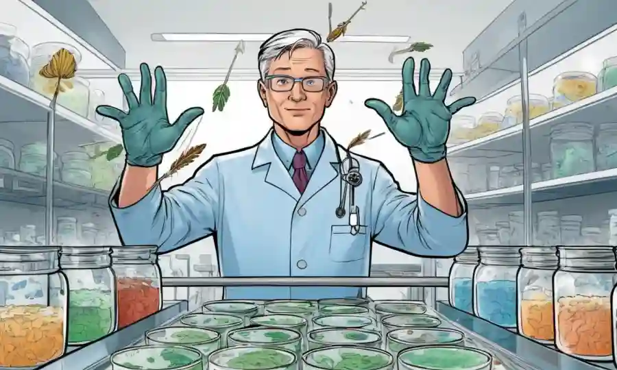 Un científico sostiene microorganismos en platos Petri con flechas que ilustran el proceso de descomposición aeróbica y anaeróbica.