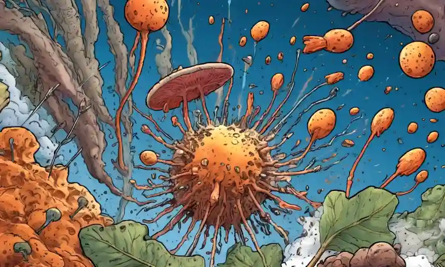 Una ilustración microbiana con flechas que representan el proceso de descomposición anaeróbica.