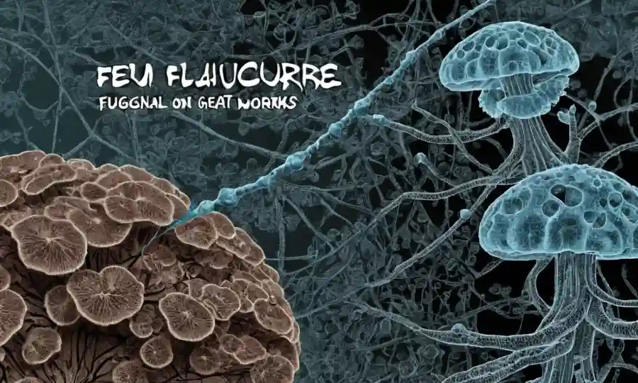 Imagen del microscopio superpuesta en redes fúngicas con gráfico y texto.
