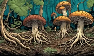 Ilustración triple de hongos que rodean las raíces de las plantas