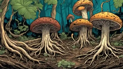 Ilustración triple de hongos que rodean las raíces de las plantas
