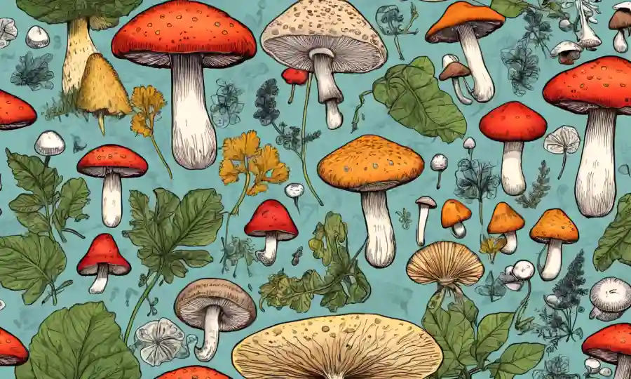 Ilustración de hongos rodeados de símbolos científicos y extractos de plantas destacando componentes bioactivos.